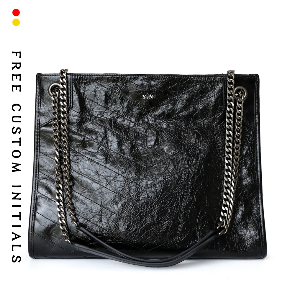 

product women's Tote bag head layer oil wax leather crack calfskin embroidery large capacity tote bag free gold stamping letters
