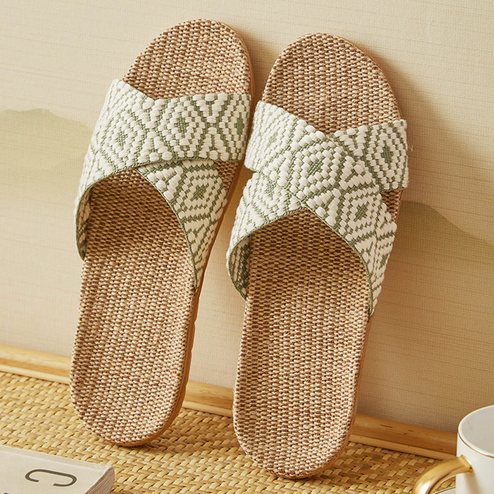 Women Indoor Outdoor Vintage Cross Strap Printed Slippers Quick-drying Bathroom Sandals Four Seasons Soft Flat Flax Sandals