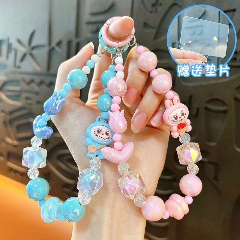 

New Cute Labubu Phone Chain W/Card Wrist Pendant Beads Camera Chain Mobile Phone Chains Anti-lost Wrist Strap Bag Decor Keychain