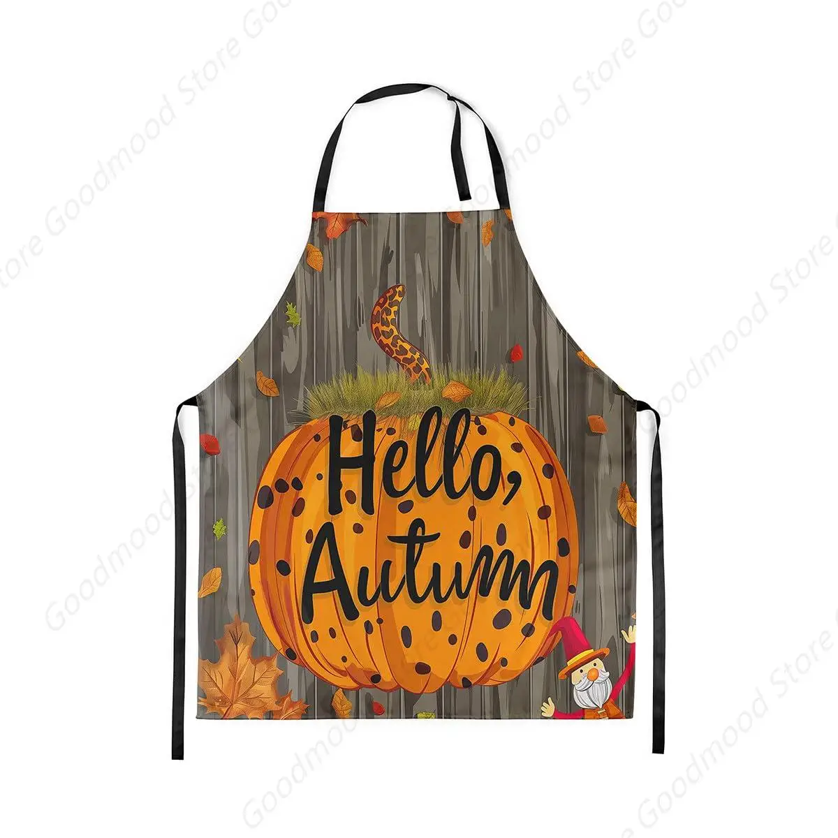 

Autumn Kitchen Apron Orange Pumpkin Fall Maple Leaves Waterproof Apron for Adults Gray Wooden Stripes Rustic Farmhouse Apron