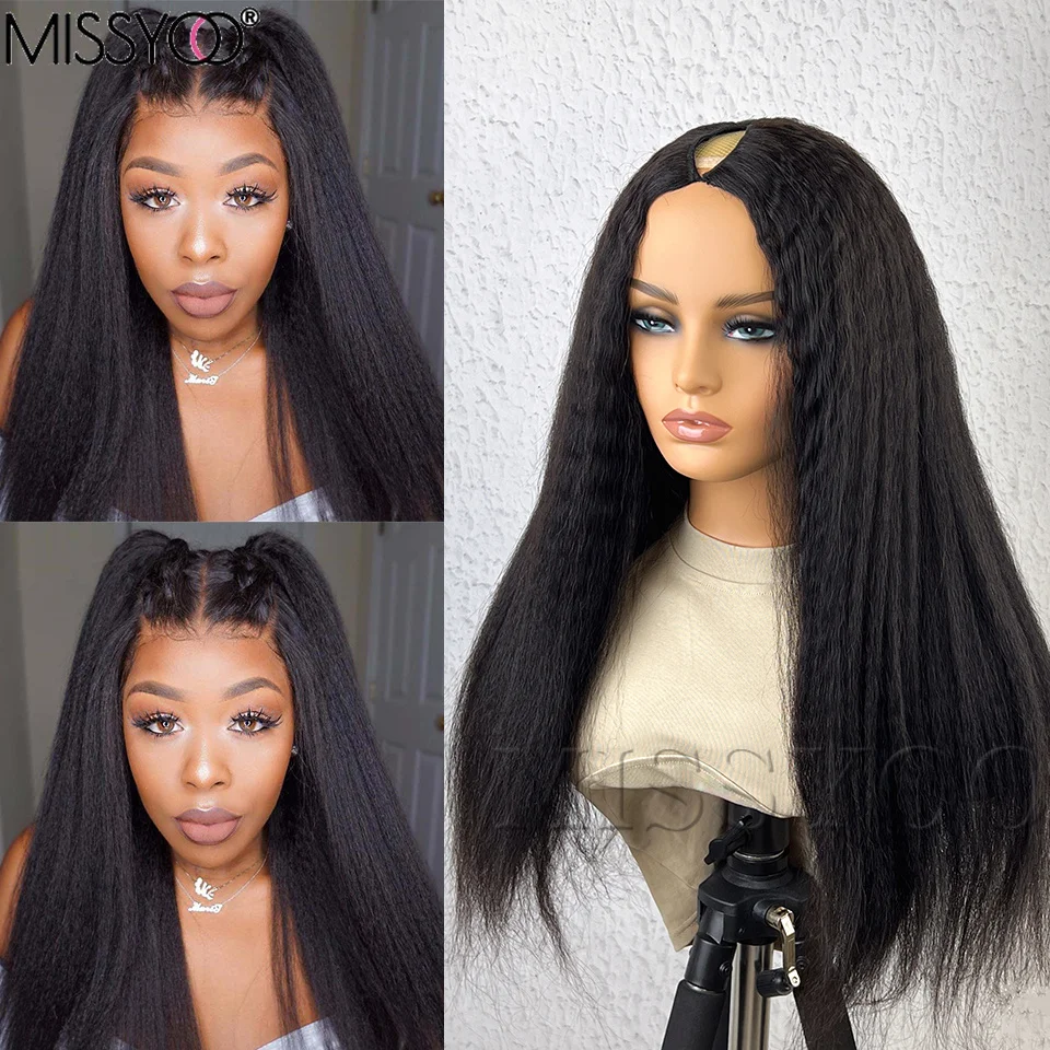 Kinky Straight V Part Wigs Human Hair Yaki Straight Wig With Middle Part Remy Hair Full Machine Wigs For Women 180% Density