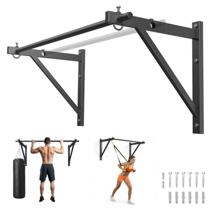 Doorway and wall-mounted pull-up bar for home gym use, thickened steel construction in black, 500 lbs capacity, portable 36''/5