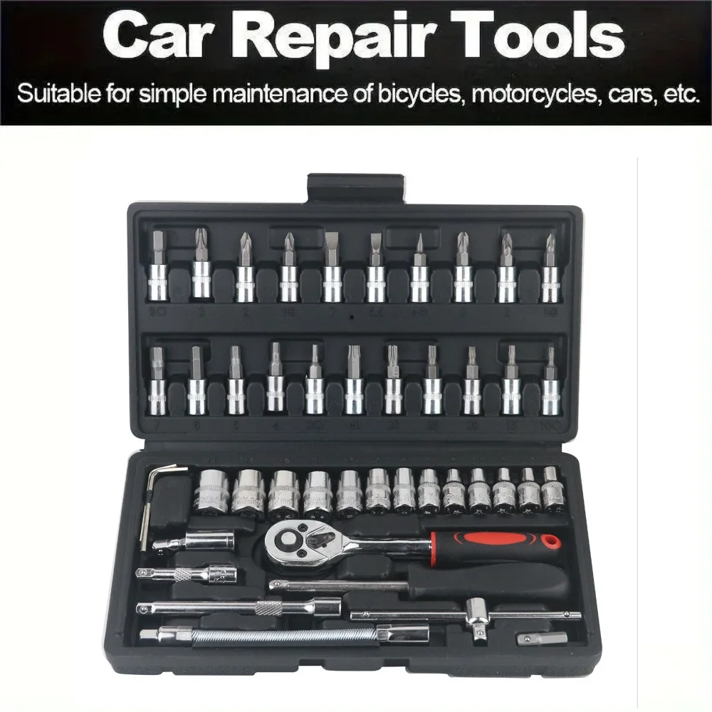 

46pcs Drive Socket Set 1/4 inch Ratchet Wrench Set with Sockets Metric Hex Bit Socket Set Mechanic Tool Kits for Auto Repair