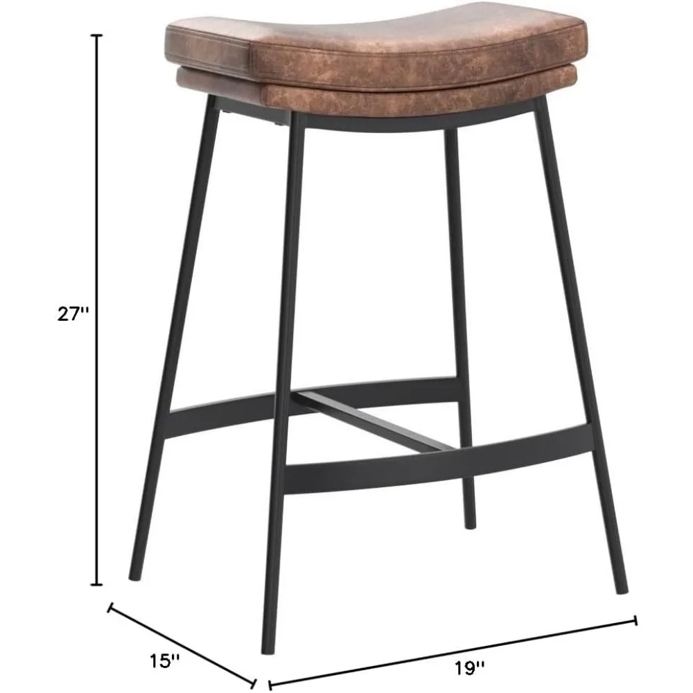 Backless Upholstered Kitchen Counter Bar Stool with Double-Layered Saddle Seat and Black Metal Base, Chair