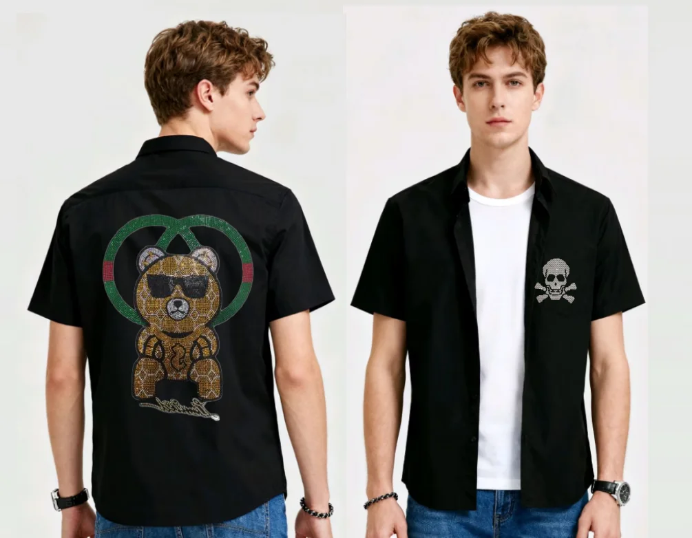 

Men's Elegant Skull Lace Short Sleeve Shirt with Rhinestone Trim Delicate Fabric Suitable for Summer Garden Parties and Stylish