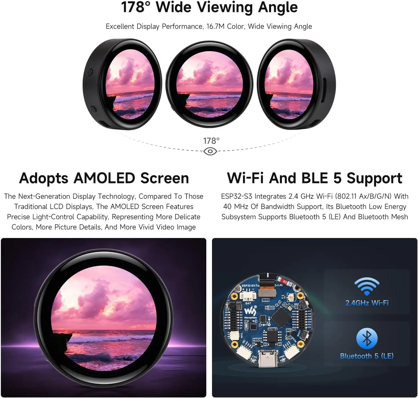 ESP32-S3 1.43 polegadas AMOLED Touchscreen Placa de Desenvolvimento 466x466 Display Redondo ESP32 Display HMI LVGL GUI Desenvolvimento
