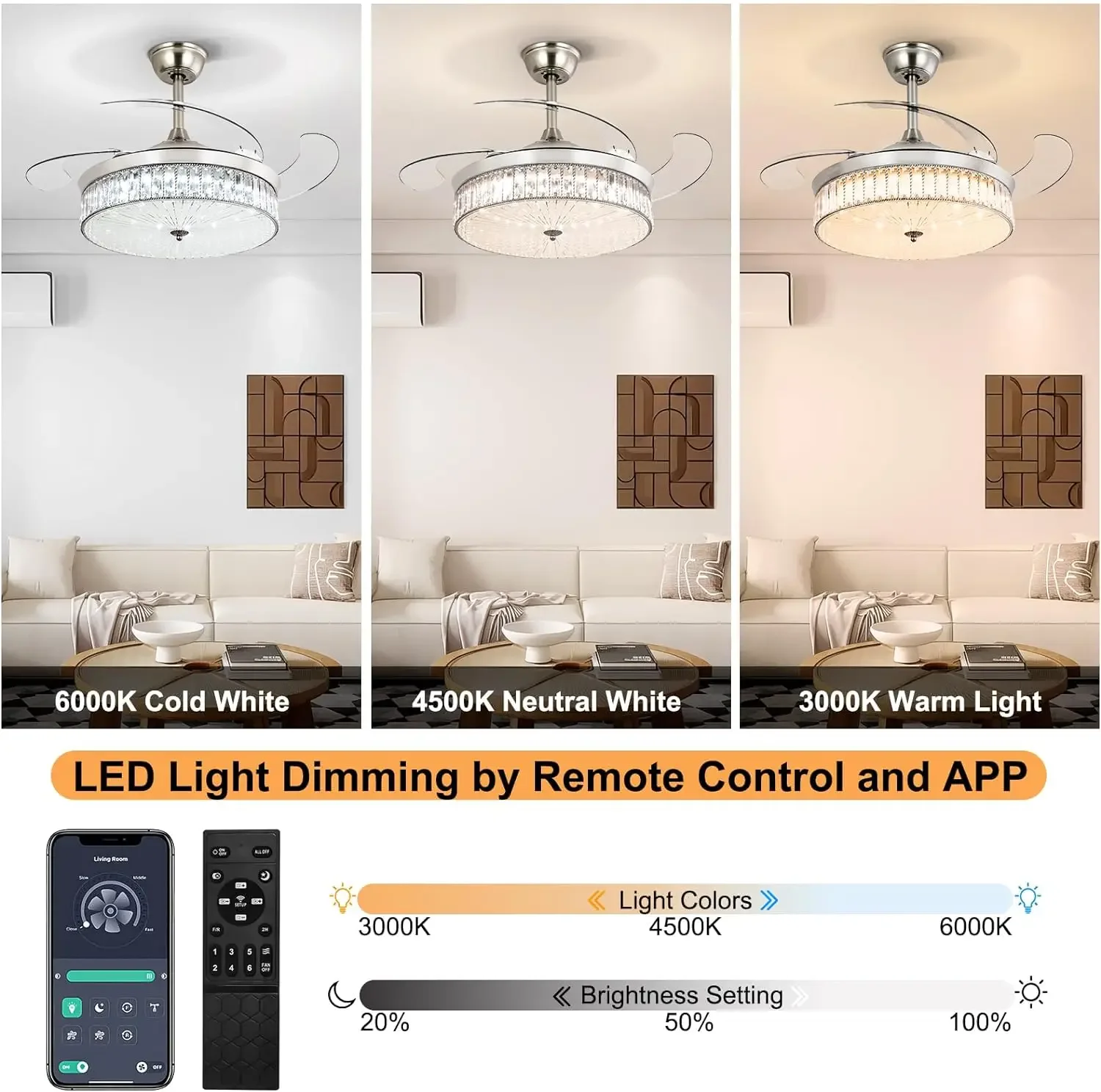 Ventilador de techo retráctil de 42 pulgadas con iluminación y control remoto, luz de techo de cristal, adecuado para sala de estar