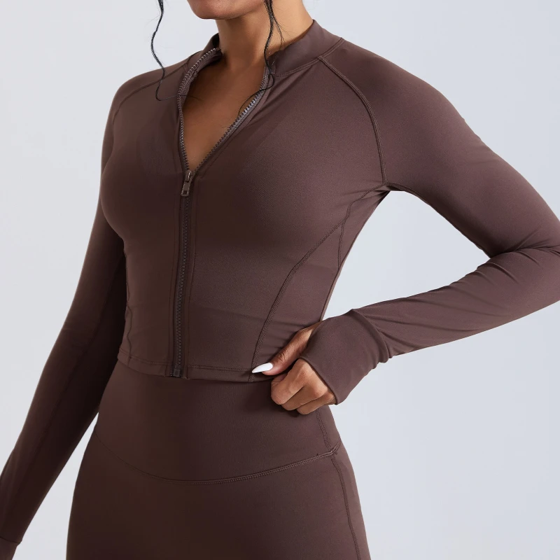 Women Full Zip Cropped Yoga Jacket Stand Collar Long Sleeve Thumb Hole Soft Quick Dry Bodycon Pilates Gym Workout Active Top
