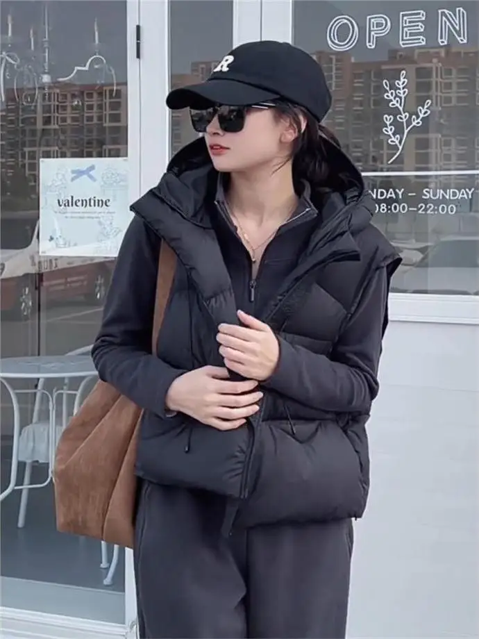 

Женский пуховый жилет свободного кроя с капюшоном, наполненный белым утиным пухом, осенне-зимний, модный, повседневный стиль, полиэстер