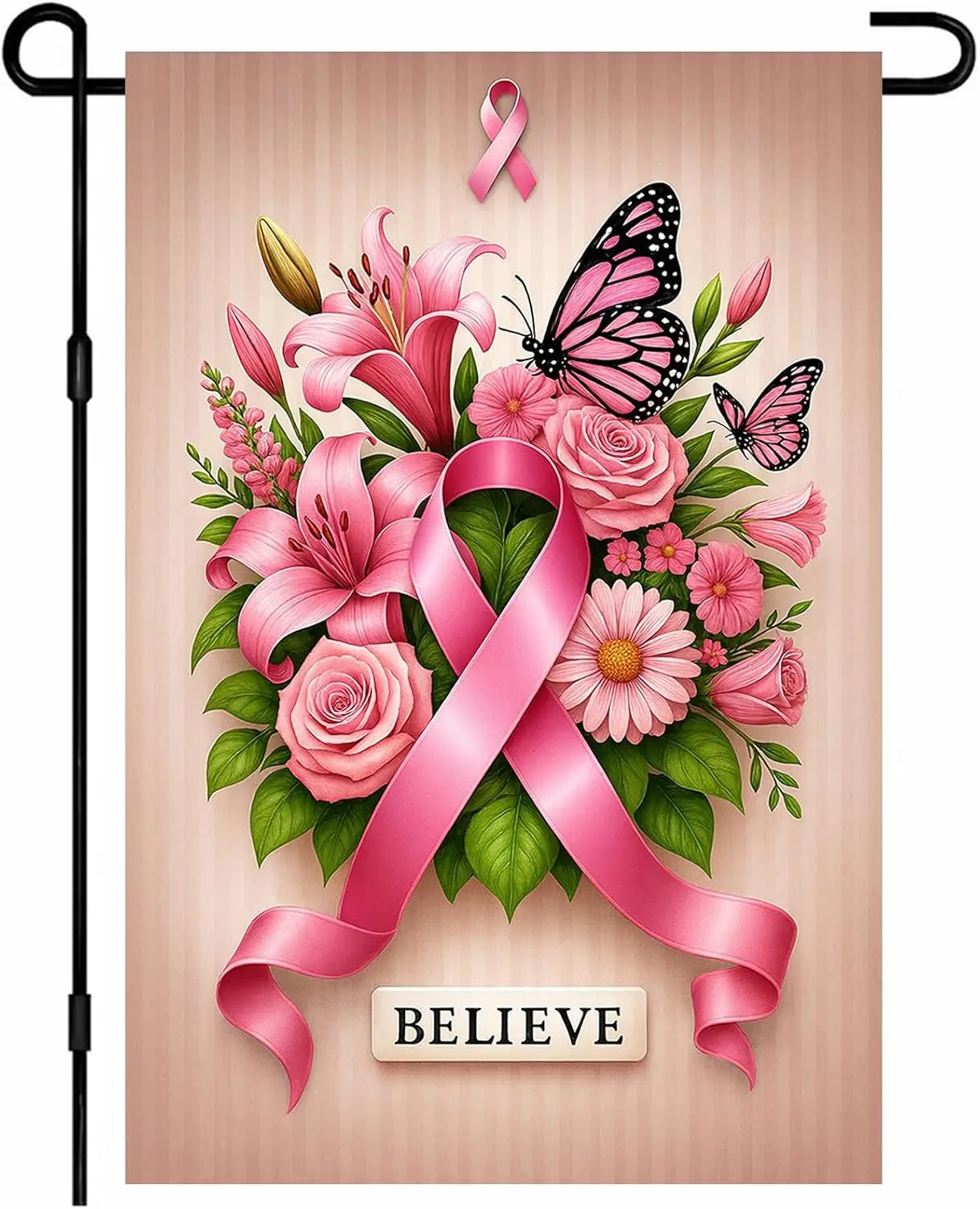 IVN Floral Garden Flag Pink Ribbon With Roses Lilies Butterflies And Believe Text For Breast Cancer Awareness 12x18 Inch Dou GGX