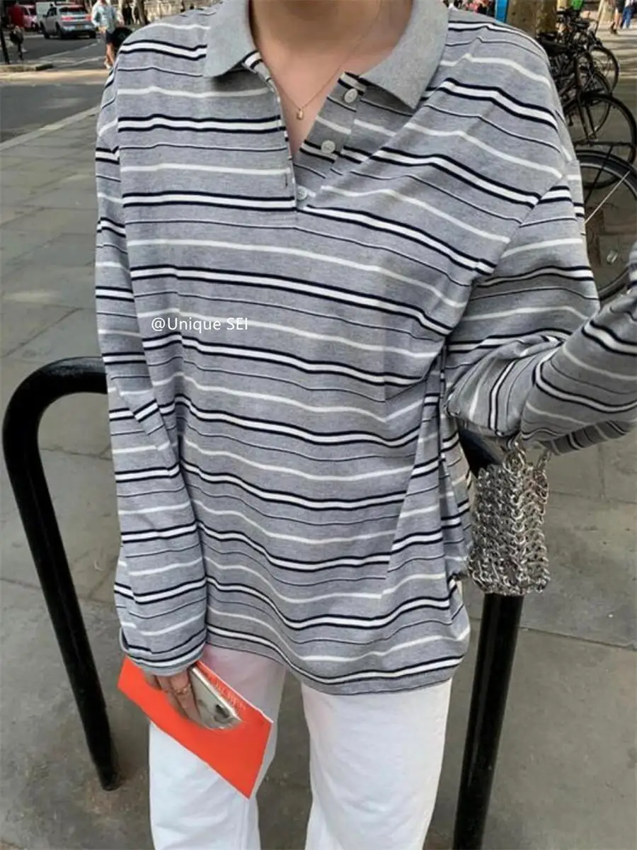 한국어 느슨한 streetwear 스트라이프 폴로 칼라 여성용 긴팔 티셔츠 봄 가을 새로운 캐주얼 모든 경기 여성 y2k top