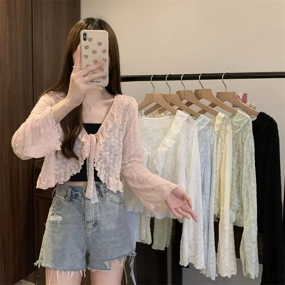 New Polyester Sunscreen Cardigan Long Sleeve Lace-up Knitwear Tops Thin Knitwear Thin Coat Women