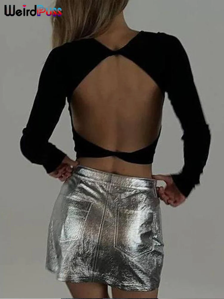 奇妙な小娘 Y2K バックレスクロップトップス秋のトレンド O ネックソリッド長袖シンプルな因果スキニーストレッチストリートベーシック Tシャツ