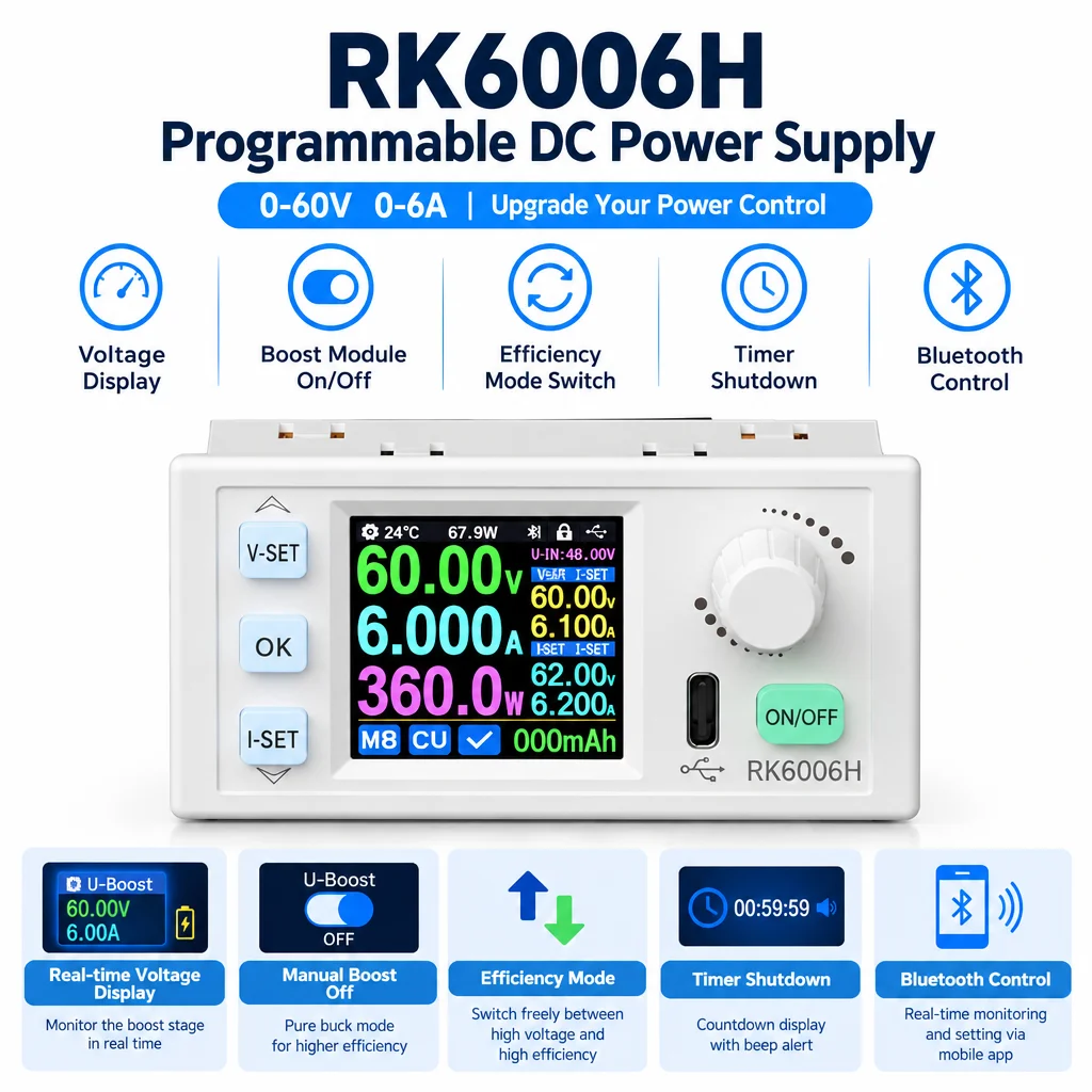 RK6006H RK6006H-BT Digital Boost Buck Power Supply 0-60V 0-6A Adjustable with Constant Voltage/current Bluetooth Control Type-C
