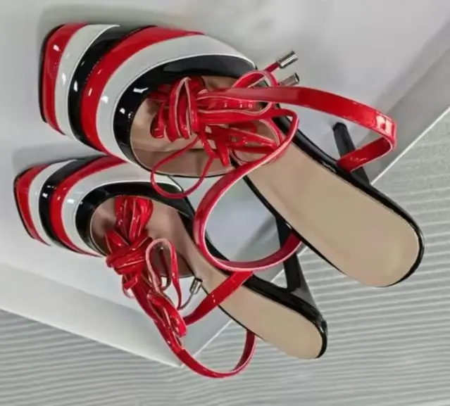 

Square Head Shallow Red And black Color Scheme Strange Shoes Stilettos Winding Ankle Straps Luxurious Women's Shoes Runway Shoes