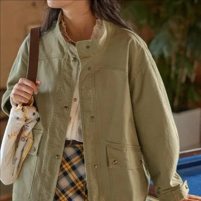 

Французская винтажная свободная рабочая одежда, женская весенняя верхняя одежда с воротником-стойкой, повседневное пальто с длинными рукавами