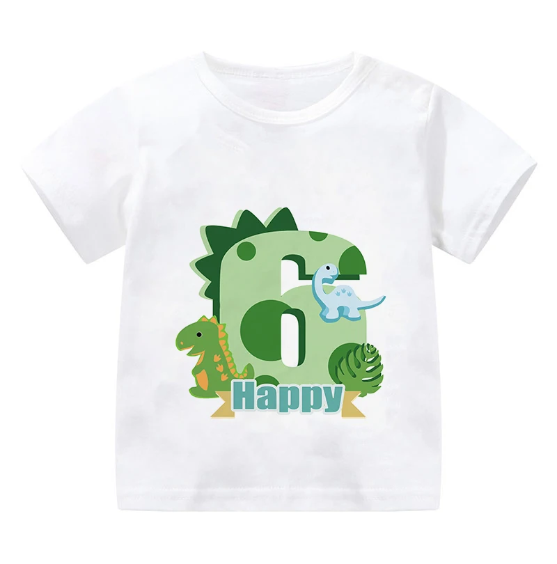 New Dinosaur Print Girls Clothes 1 2 3 4 5 6 7 8 9 Years Happy Birthday Number Bow Kids Short Sleeve T Shirt Baby T-Shirts