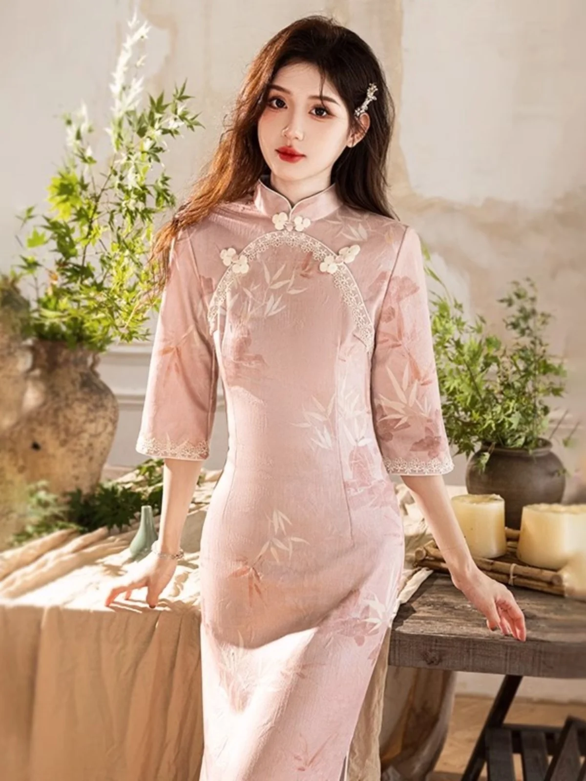 

Новое китайское платье-ципао Ele Pink Long Sleeve для свадеб и торжественных мероприятий, повседневное, для женщин