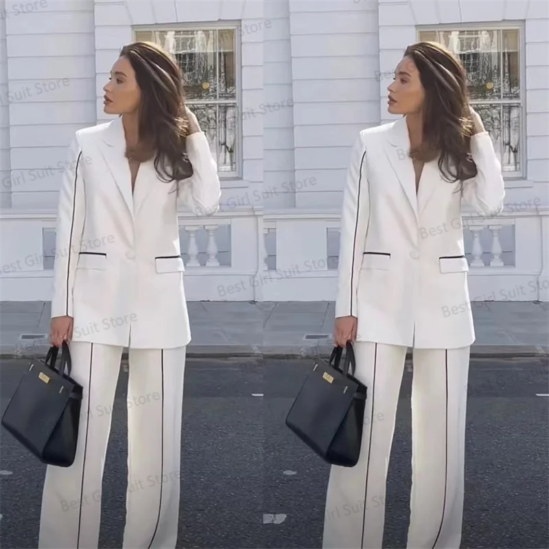 White Cotton Women Suit Pants Set Blazer+Trousers 2 Pieces Black Line Wedding Tuxedos Prom Dress Custom Made Party Coat Jacket