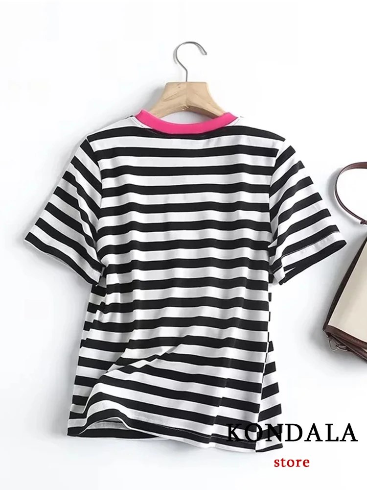 KONDALA Fashion 2023 Summer 100% Cotton Striped T-Shirts Women Short Sleeve O Neck Loose Blouses Vintage Women Tops