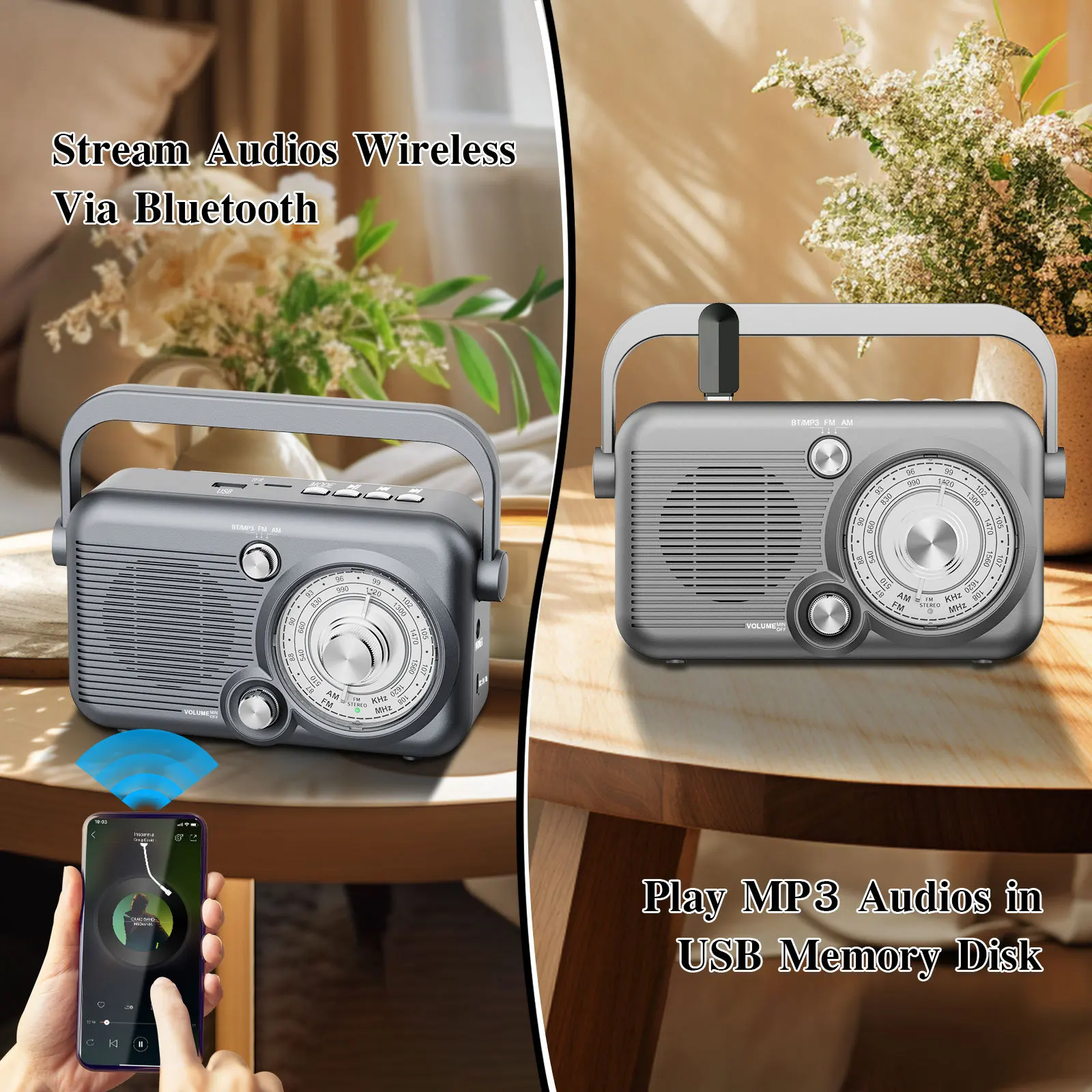 Portable FM AM Radio Handheld Strong Signal Radios Wireless Bluetooth 5.3 Speaker Support TF Card U Disk Play 2000MAH Battery