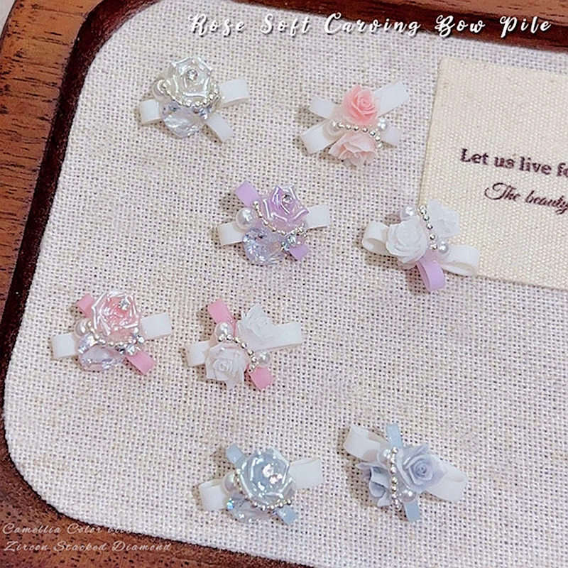 5PCS Soft 3D Acrylic Flower Bow Nail Art Charms Supplies Hand Stacked Pearl Crystal Diamond Pile Nails Decoration Accessories