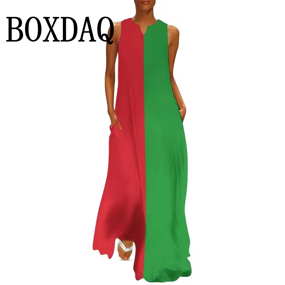Retro Contrast Color 3D Print Dresses For Women 2025 Summer Fashion Street Wear Loose Beach Long Dresses Casual Tank Maxi Dress