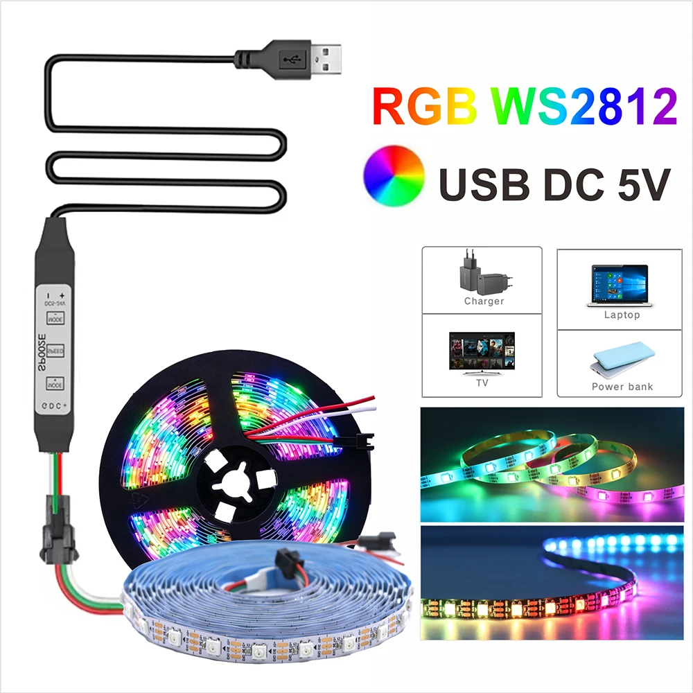 WS2812B LED Strip USB 5V 3Key Controller Kit Addressable RGB Pixel WS2811 SK6812 Decor Light 1-5 Meter USB WS2812B LED Strip Kit