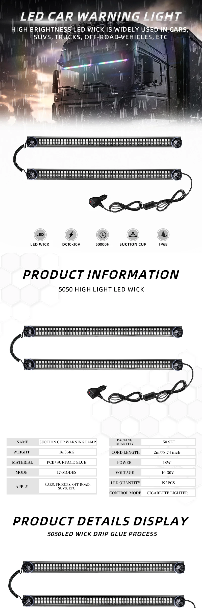 

RGB 192LED Автоматический стробоскоп на лобовом стекле на крыше 2 в 1 Светодиодная вспышка Предупреждающий сигнал Лампа для лобового стекла грузовика Стробоскоп Аварийный автомобильный свет