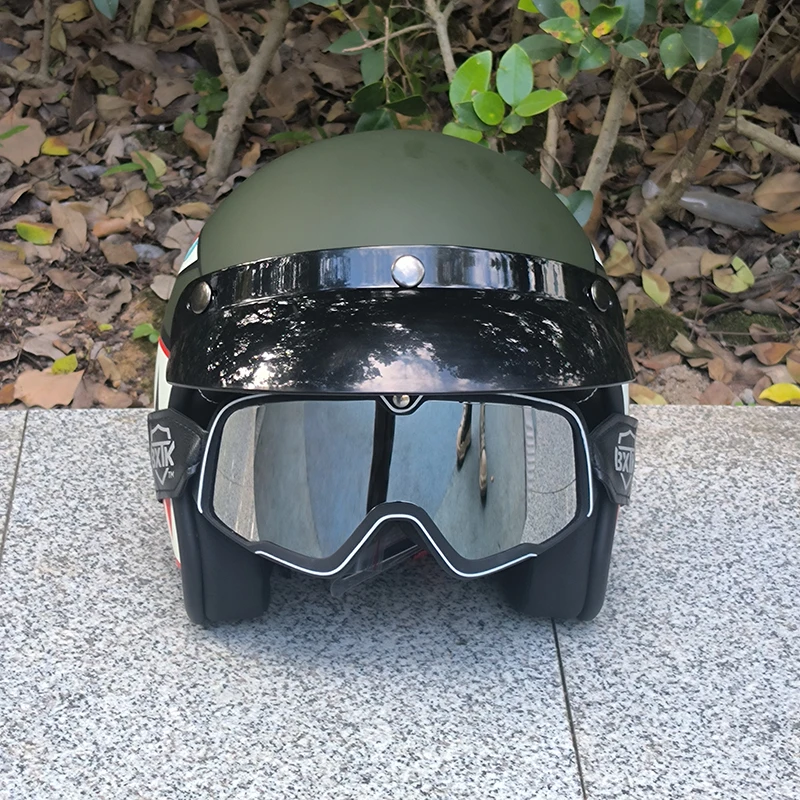 3 أنماط الرجعية العسكرية الخضراء شخصية القرش طباعة نصف خوذة دراجة نارية خوذة الرجال سميكة مريحة بطانة قابلة للإزالة