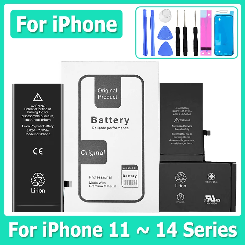 Batería de 0 ciclos de alta capacidad para iPhone 11, 11 Pro, 12 Pro, 12, 13, 14, 13 Pro, 14 Pro Max Mini + kit de herramientas gratis