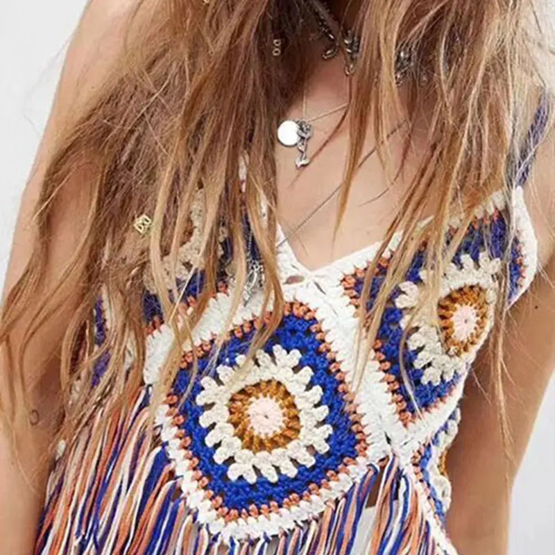 Szydełkowane koszulki na ramiączkach Bohemian Spaghetti Tops Tassels Bright Cover Up for Bikini Swimsuit Beach Holiday Travel Photography