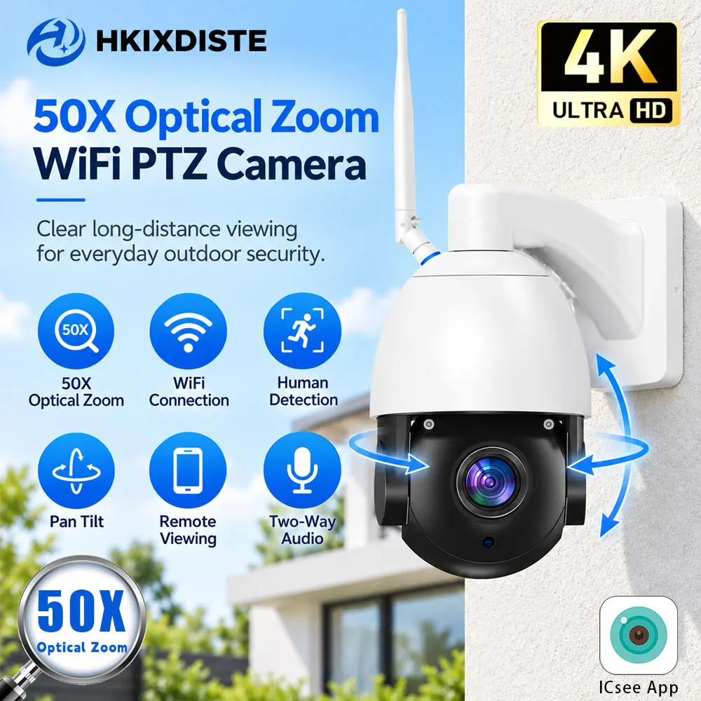 50X Optical Zoom WiFi PTZ Camera Outdoor Security Camera Human Detection Two Way Audio Remote Viewing Pan Tilt CCTV IP Camera