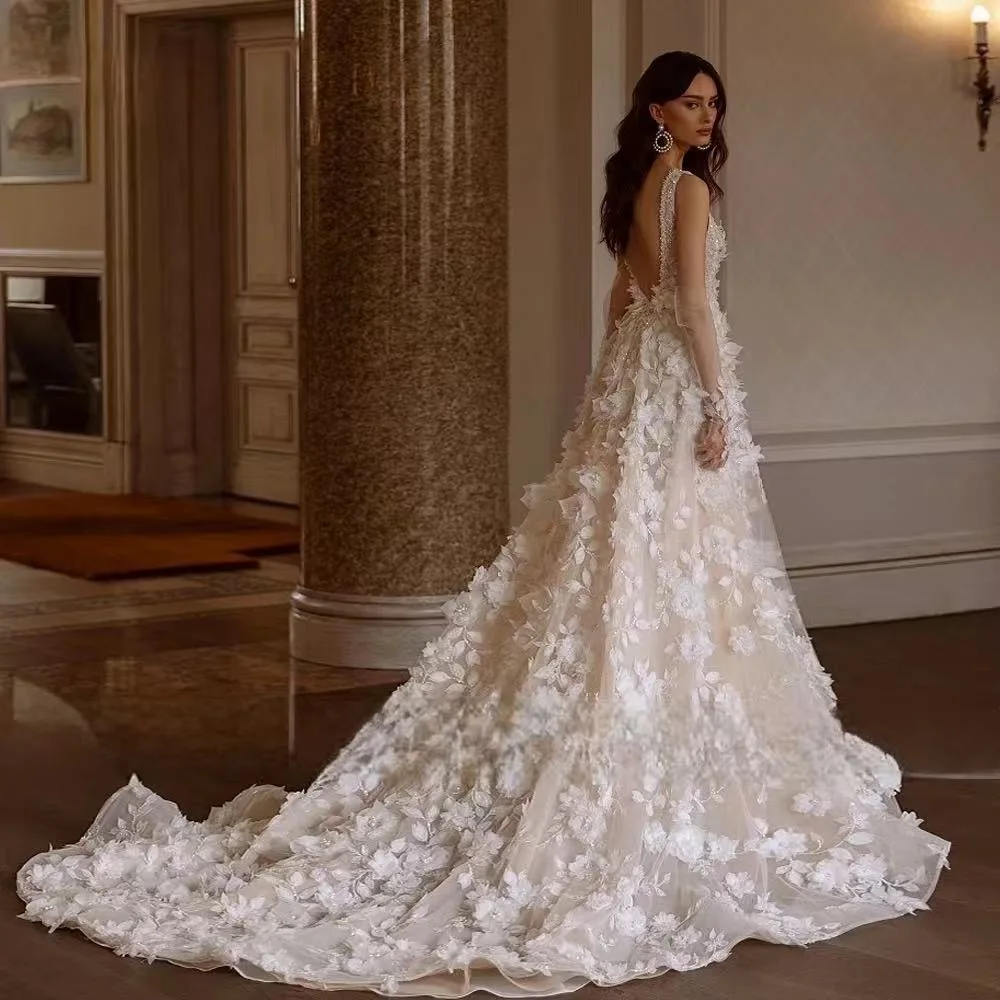 

Sexy V-Neck Sleeveless Wedding Dresses A-Line Glamorous Vestido De Novia Appliques 3D Flowers Customized Bridal Gown