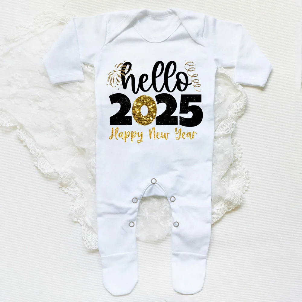 Hello 2025 Printed Baby Sleepsuit Romper Happy New Year Newborn Babygrow Outfit Jumpsuit Infant Footies Long Sleeve Bodysuit