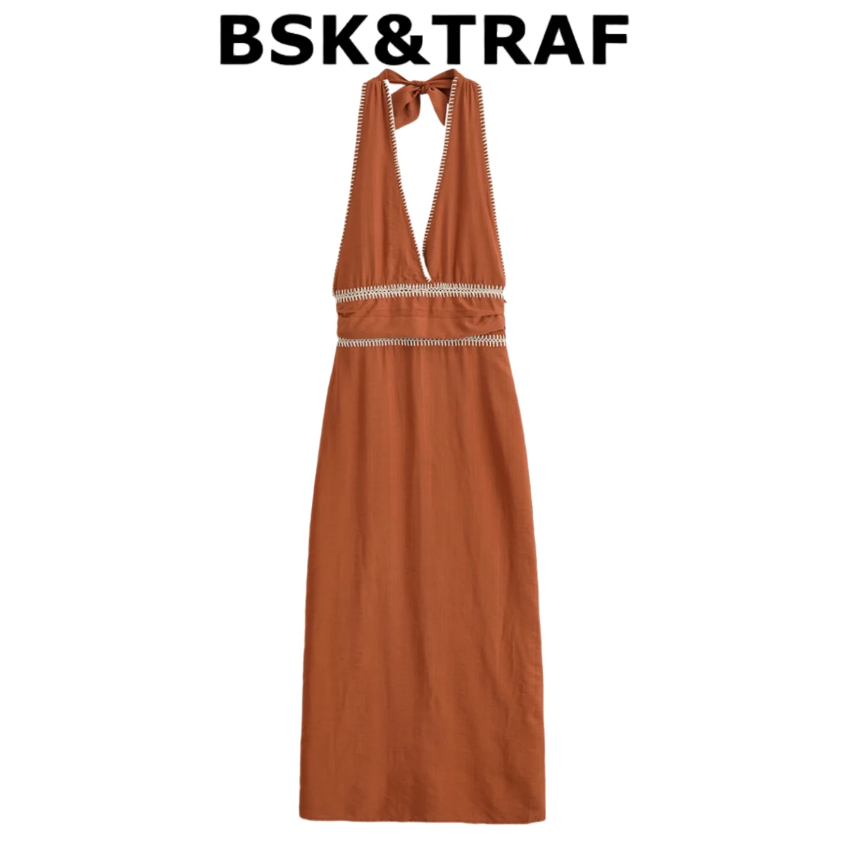 Bsk & traf2025 verão novos produtos feminino retro bordado moda temperamento sem mangas midi vestido 8741/048