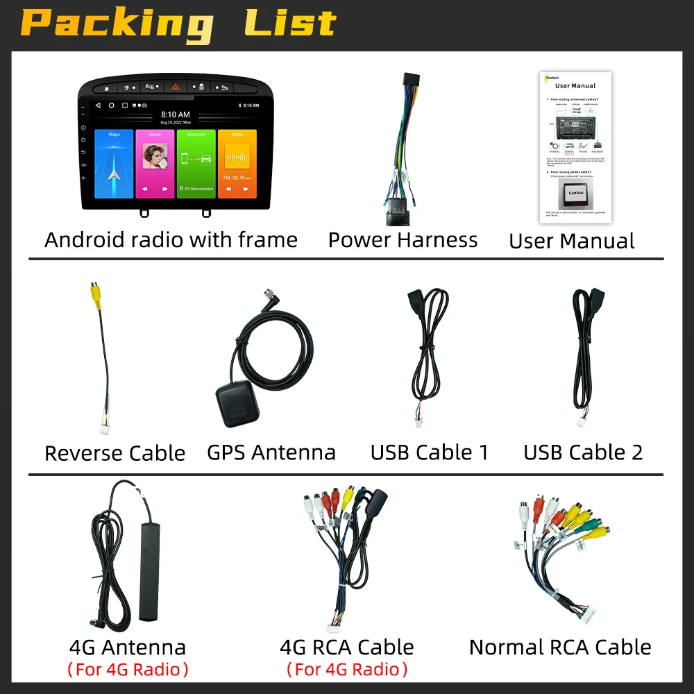 راديو السيارة لبيجو RCZ 308 SW 2007 - 2015 408 2012 - 2020 أندرويد الوسائط المتعددة نظام تحديد المواقع والملاحة Carplay رئيس وحدة ستيريو 2 Din 4G