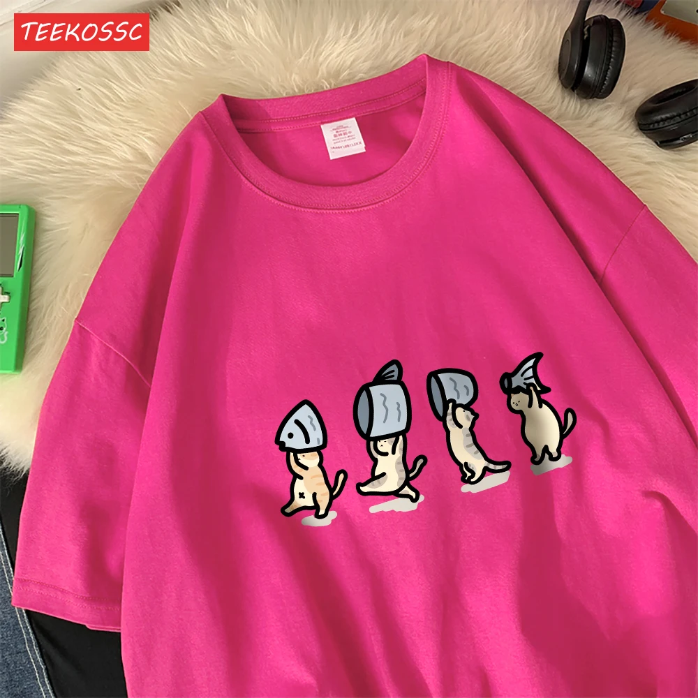 Vier Kleine Katzen Halten Fishcotton Frauen T-Shirts Cartoons Drucke T Shirts Weiche Oansatz Lose Kurzarm Tops Sommer Kleidung – Detail 25