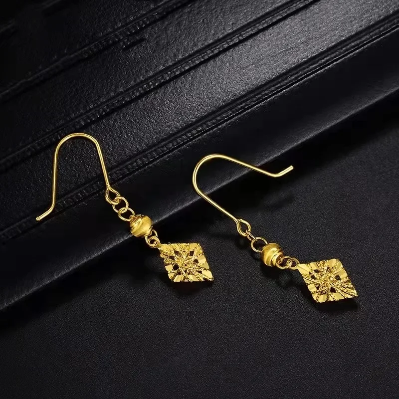 Women's Long Tassel Earrings 9999 24K Real Gold Hollow Diamond Geometric Mesh Earrings Gifts for Women Mom Girl