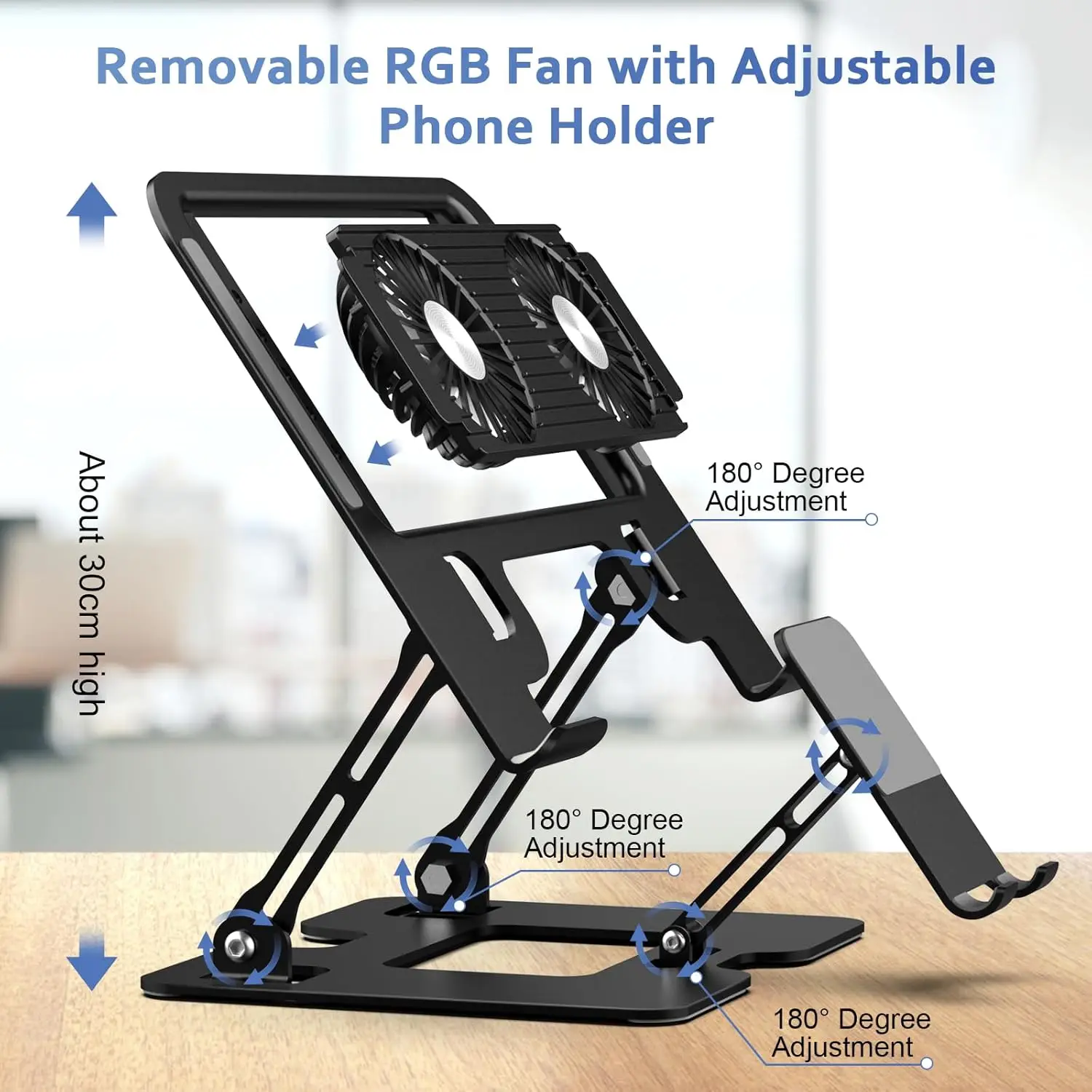 Ultra Quiet Laptop Cooling Stand with Dual Fans Height Adjustable 2 in 1 Phone Holder for Gaming Notebook Cooling