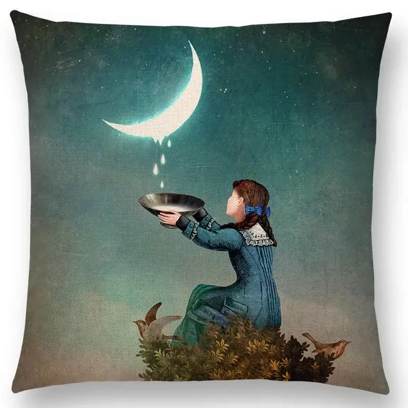 Home Decoration Elegant Lady Cute Girl Fantasy Painting Moon Night Swan Dream Tree Cushion Cover Sofa Pillow Cover