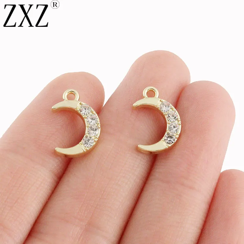 ZXZ 20pcs Gold Plated Alloy Rhinestone Crescent Moon Charms Pendants for Bracelet Necklace Earrings DIY Jewelry Making 10x15mm