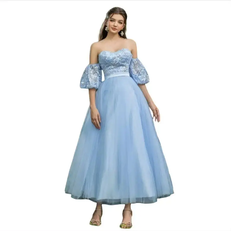 

Prom Dresses Women Lace Short Sleeves Wedding Guest Dress Customized Tulle Midi vestidos de Novia Party Robes