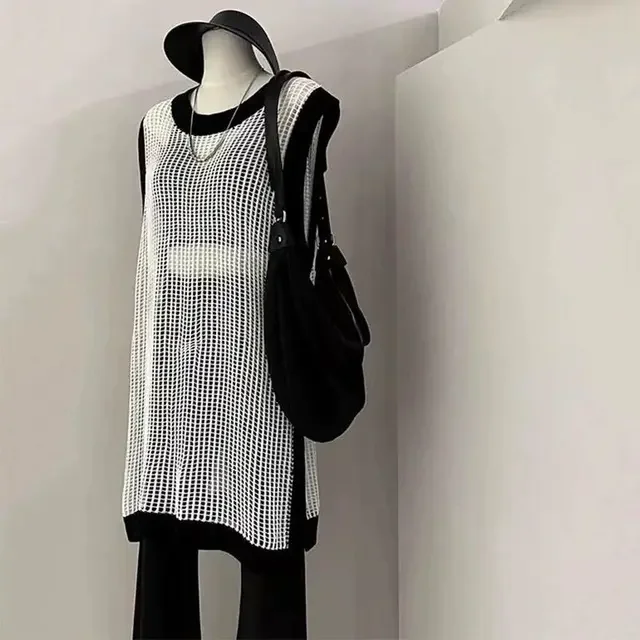 

2025 Women Clothing Hollow Out Pullovers Sueter Mujer Sleeveless O-neck Thin Jumper Casual Fashion Knitting Thin Long Sweater