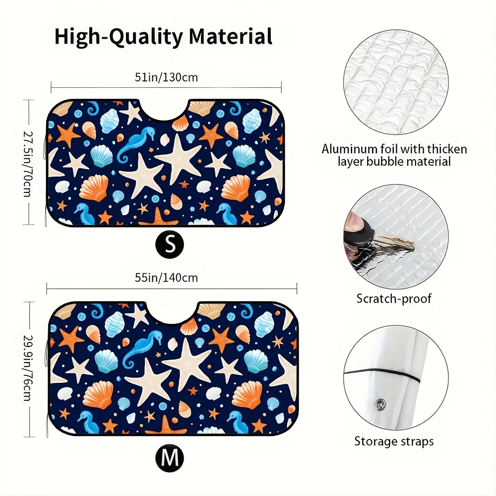1pc Sea Creature Watercolor Car Sun Visor - Seahorse, Starfish & Shell Design, Folding Windshield Shade For Front & Rear, Easy T