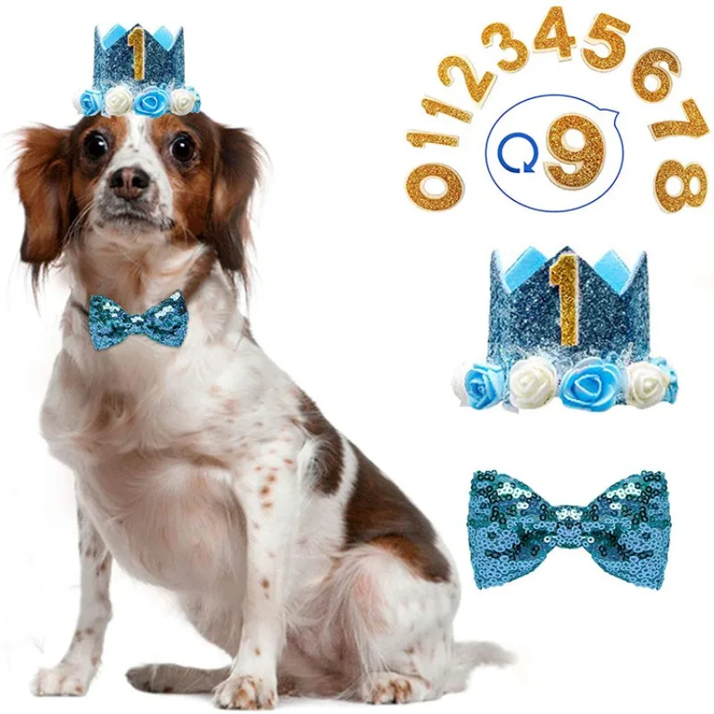 Dog Cat Birthday Crown Hat Bow Tie Set Composite Non Woven Fabric Reusable Headband Suitable Small Medium Sized Pet Supplies