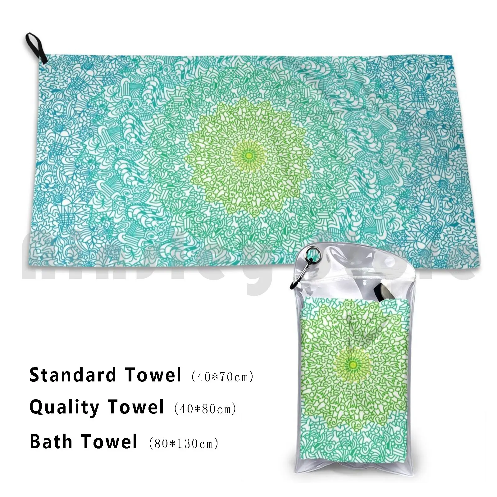 

Mandala With Golden Heart Bath Towel Beach Cushion Mandala Blue Green Calming Flower Circle Cool Cold