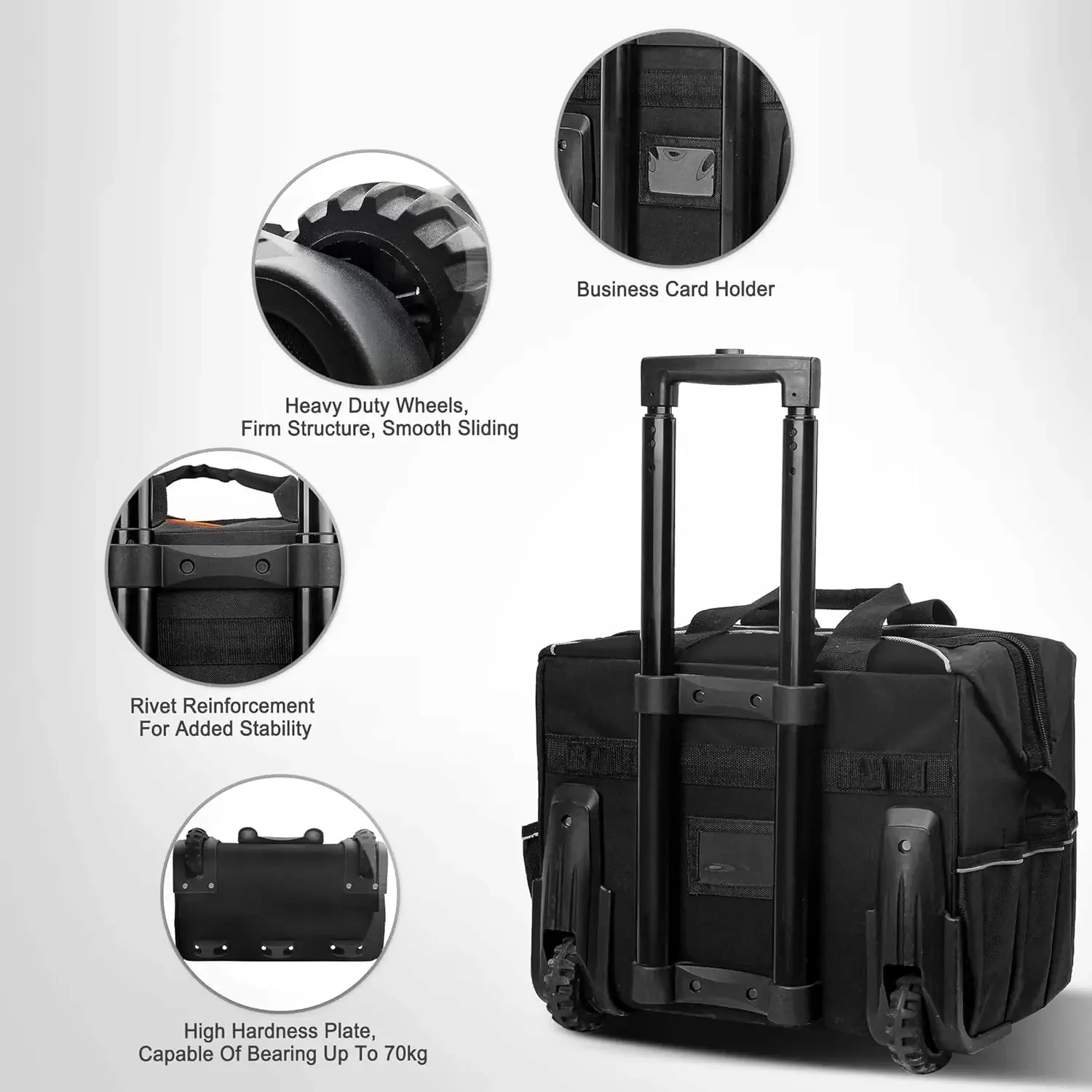 18" Rolling Tool Bag With Wheels Portable Tool Bag With Adjustable Telescoping Handle Wide Mouth Storage Organizer Perfect Mens