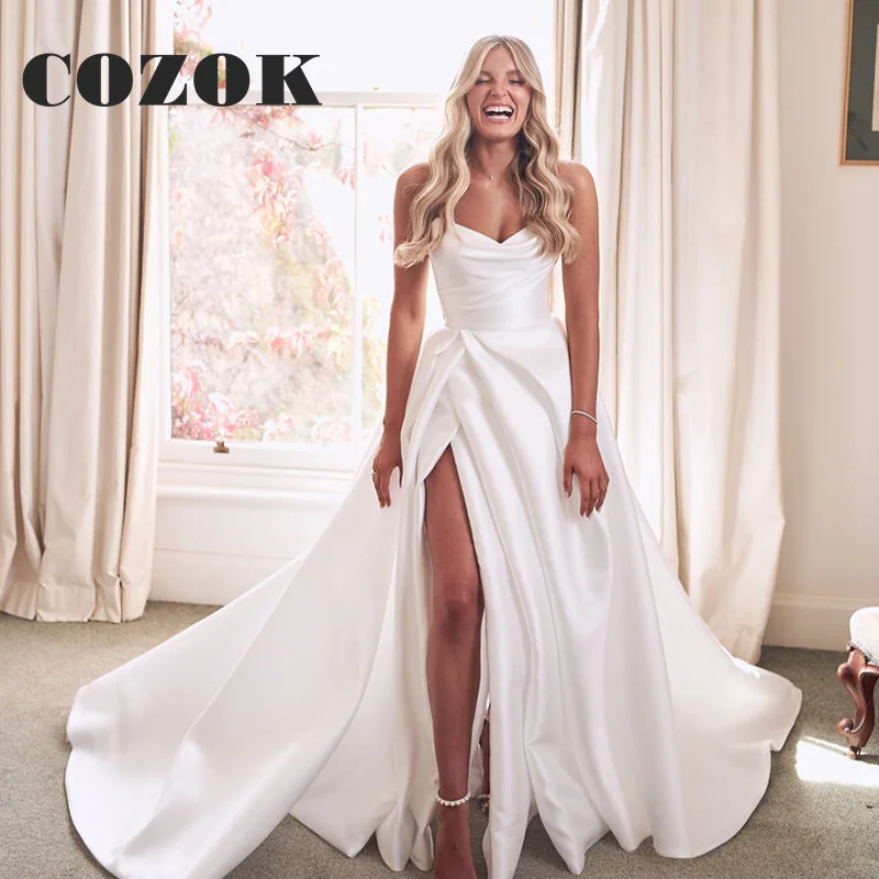 

A Line Pleat V Neck Wedding Dresses Side Slit Satin Women Sleeveless Floor-Length Bridal Gowns Vestido De Noiva Custom BK06