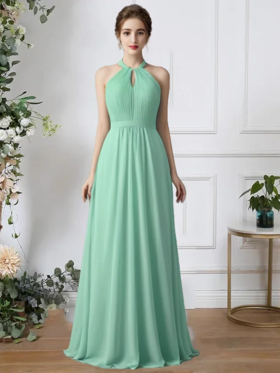 Sage Green Halter dama de honra vestido longo para mulheres, fechadura plissada, uma linha de vestidos de dama de honra plissada, 2024